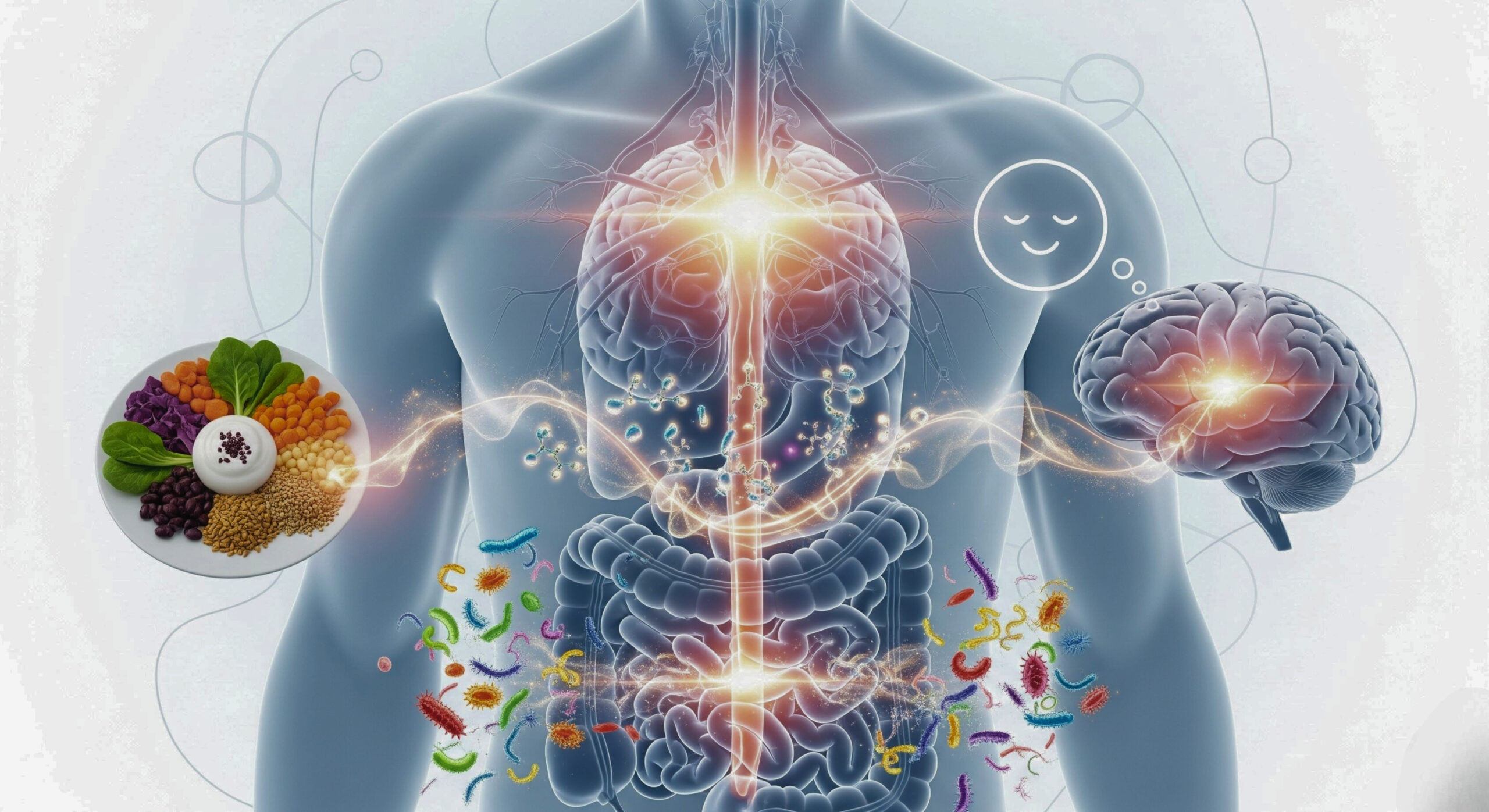 A scientific illustration showing the gut-brain connection. The center of the photo is a transparent representation of a human torso, revealing the gut and brain connected by a glowing neural network. Colorful microorganisms from the gut emit light particles onto the neural pathway leading to the brain. On the left side, there's a plate of healthy food (like yogurt, leafy greens, and legumes), while on the right, there's a smiling face icon near the brain, indicating a positive impact on mood.