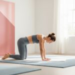A woman performing the Cat-Cow yoga pose in a bright, minimalist living room, illustrating a healthy morning routine.