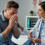 A realistic photo illustration of a patient with a severe flu consulting with a doctor in a doctor's office. The patient is holding a tissue and the doctor is taking notes on a clipboard.