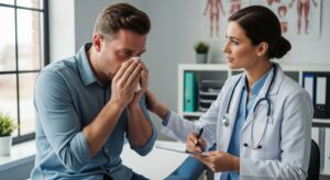 A realistic photo illustration of a patient with a severe flu consulting with a doctor in a doctor's office. The patient is holding a tissue and the doctor is taking notes on a clipboard.