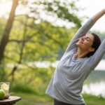 A joyful woman stretching outdoors by a lake with a table of fresh fruits and detox water, illustrating the mental and physical benefits of a balanced healthy lifestyle that combines healthy eating and physical activity.