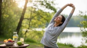 A joyful woman stretching outdoors by a lake with a table of fresh fruits and detox water, illustrating the mental and physical benefits of a balanced healthy lifestyle that combines healthy eating and physical activity.