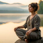 Serene woman meditating in a lotus position on a rock at the edge of a calm lake during a misty sunrise or sunset, embodying the healing power of meditation.