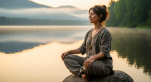 Serene woman meditating in a lotus position on a rock at the edge of a calm lake during a misty sunrise or sunset, embodying the healing power of meditation.