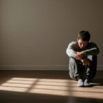 A person sits alone on a wooden floor in a dimly lit, empty room, hunched over with their face in their hands, with shadows casting over them from a window.