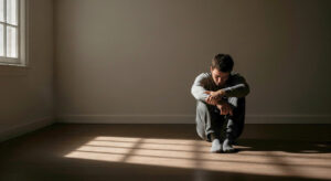 A person sits alone on a wooden floor in a dimly lit, empty room, hunched over with their face in their hands, with shadows casting over them from a window.