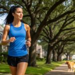 A beautiful woman in her late 20s with an athletic build, power walking through a tree-lined residential neighborhood. She has a focused expression and is wearing a blue athletic top and black shorts.
