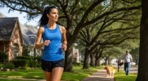 A beautiful woman in her late 20s with an athletic build, power walking through a tree-lined residential neighborhood. She has a focused expression and is wearing a blue athletic top and black shorts.