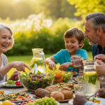 A diverse group of people of different ages and ethnicities are joyfully sharing a healthy, colorful meal outdoors in a sun-drenched setting.