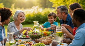 A diverse group of people of different ages and ethnicities are joyfully sharing a healthy, colorful meal outdoors in a sun-drenched setting.