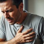 A close-up of a man's hands clutching his left chest in pain.