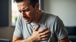 A close-up of a man's hands clutching his left chest in pain.