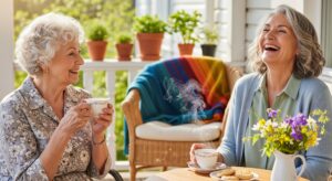 Two cheerful elderly women sitting on a porch, laughing and drinking tea.