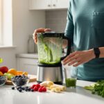 A photograph showing a person making a smoothie in a sunlit modern kitchen, with ingredients like leafy greens, fruits, and a blender on the counter. The person is wearing a health tracker on their wrist.