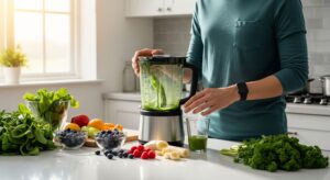 A photograph showing a person making a smoothie in a sunlit modern kitchen, with ingredients like leafy greens, fruits, and a blender on the counter. The person is wearing a health tracker on their wrist.