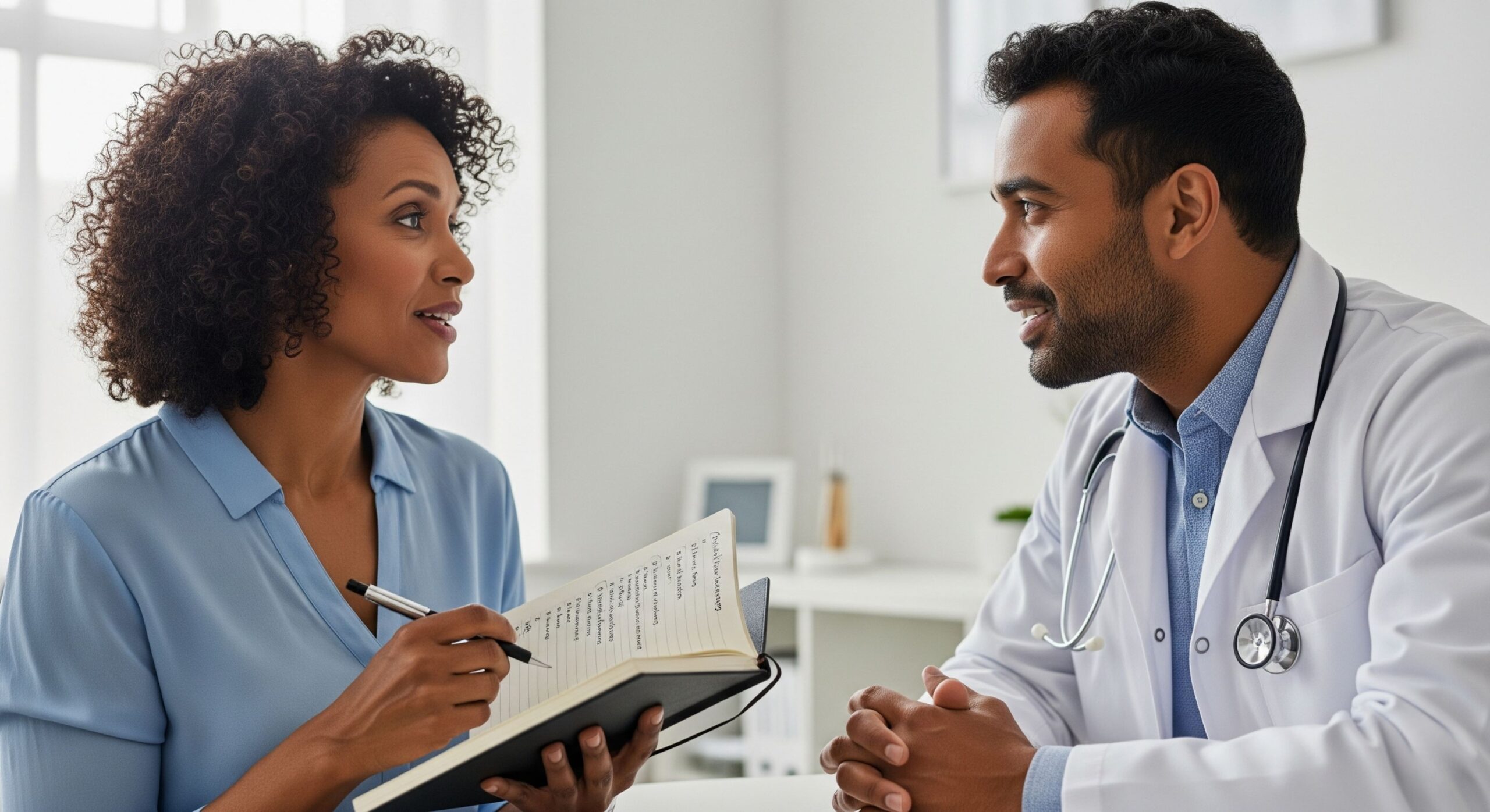 A patient asking questions during her annual health checkup to create a strategic plan.