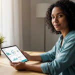 A person confidently reviewing their digital medical records on a tablet in a bright, modern living room, representing empowered control over health data and the importance of digital medical records security.