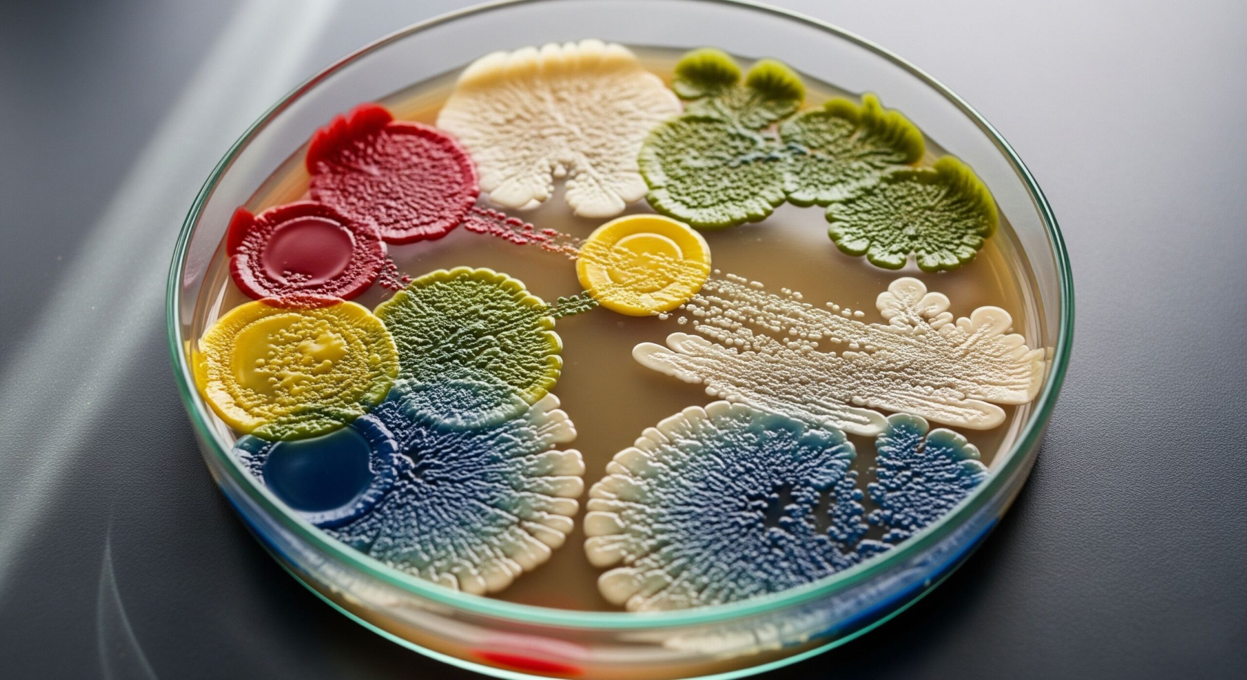 An artistic illustration of the diverse gut microbiome, showing various colorful bacteria.