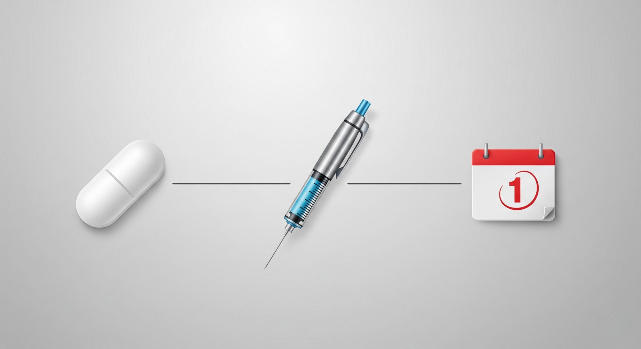 Comparison of modern cholesterol treatment schedules: a daily pill, a bi-weekly injection, and a twice-yearly shot.