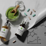 A conceptual flat-lay image depicting wellness products (supplements, powders, serums with "Pure," "Natural," "Detox," "Miracle Formula" labels) on white marble, with a corner peeling back to reveal a stark gray background showing chemical formulas, data graphs, and "EVIDENCE-BASED" text.