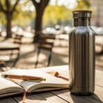 A stylish, insulated water bottle standing on a wooden outdoor cafe table next to an open journal and pen, on a sunny day, showcasing hydration as an effortless and essential part of a balanced lifestyle, relevant to a daily water intake guide.