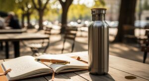 A stylish, insulated water bottle standing on a wooden outdoor cafe table next to an open journal and pen, on a sunny day, showcasing hydration as an effortless and essential part of a balanced lifestyle, relevant to a daily water intake guide.
