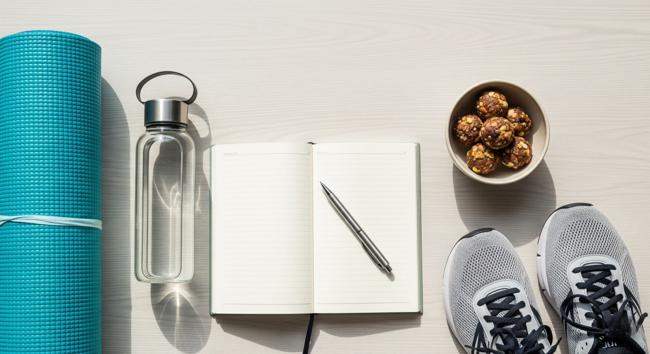 A wellness toolkit with a yoga mat and journal to support a holistic healthy lifestyle.