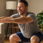 A candid photo of a man with a dad bod smiling while doing bodyweight squats at home, representing an achievable fitness aspect of healthy diet plans.