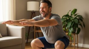 A candid photo of a man with a dad bod smiling while doing bodyweight squats at home, representing an achievable fitness aspect of healthy diet plans.