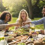 A diverse group of happy friends, aged 30s-40s, laughing and sharing a colorful, healthy meal outdoors at a rustic wooden picnic table under natural sunlight, emphasizing genuine connection and joy.