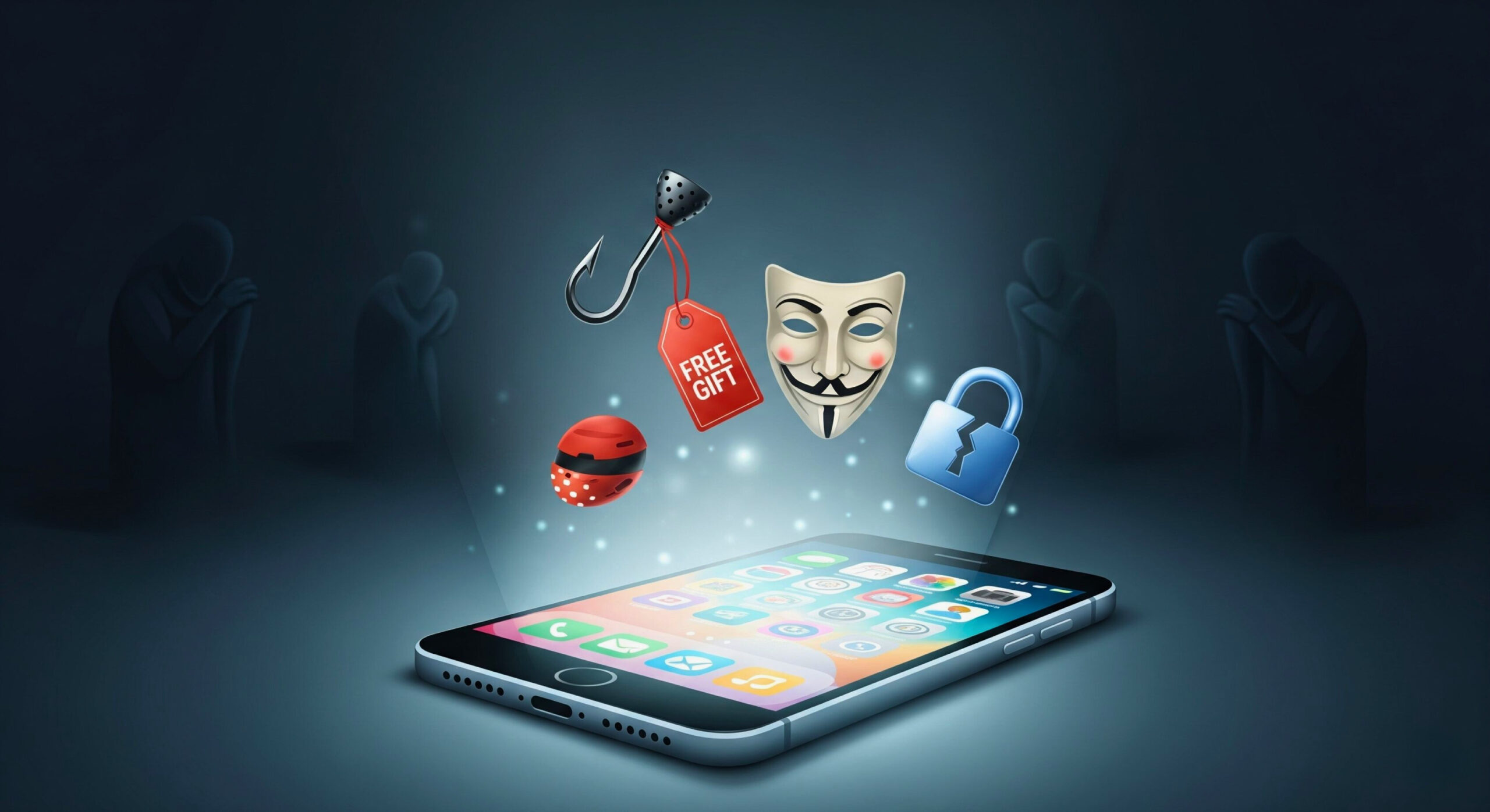 Online dangers that threaten internet safety for kids, like phishing hooks and anonymous masks.