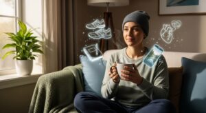 A person sits calmly on a sofa, holding a mug, with glowing icons of mental health tools like running shoes, a journal, a phone with a nature scene, and a heart-brain connection floating around them in a warm, sunlit room.