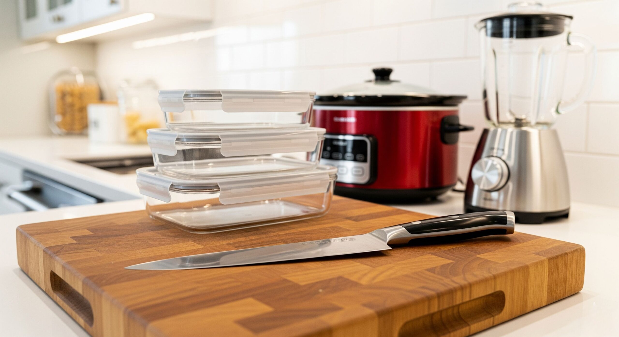 An assortment of meal prep tools including glass and plastic containers, a chef's knife, and a cutting board.