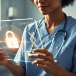 A person securely accessing their digital medical records on a futuristic tablet, symbolizing healthcare cybersecurity.