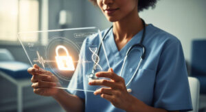 A person securely accessing their digital medical records on a futuristic tablet, symbolizing healthcare cybersecurity.