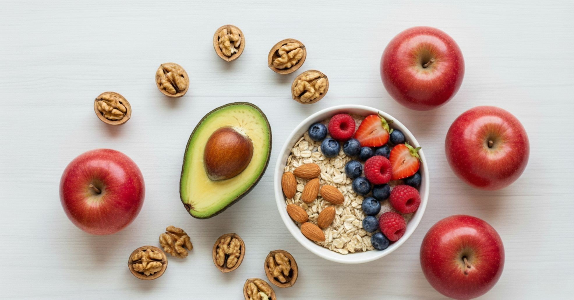 A flat lay of heart-healthy, cholesterol-lowering foods including oatmeal, apples, beans, and nuts.
