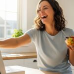 A joyful woman pushing away a scale and holding a fruit salad, embodying a healthy approach to diet plans.