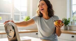 A joyful woman pushing away a scale and holding a fruit salad, embodying a healthy approach to diet plans.