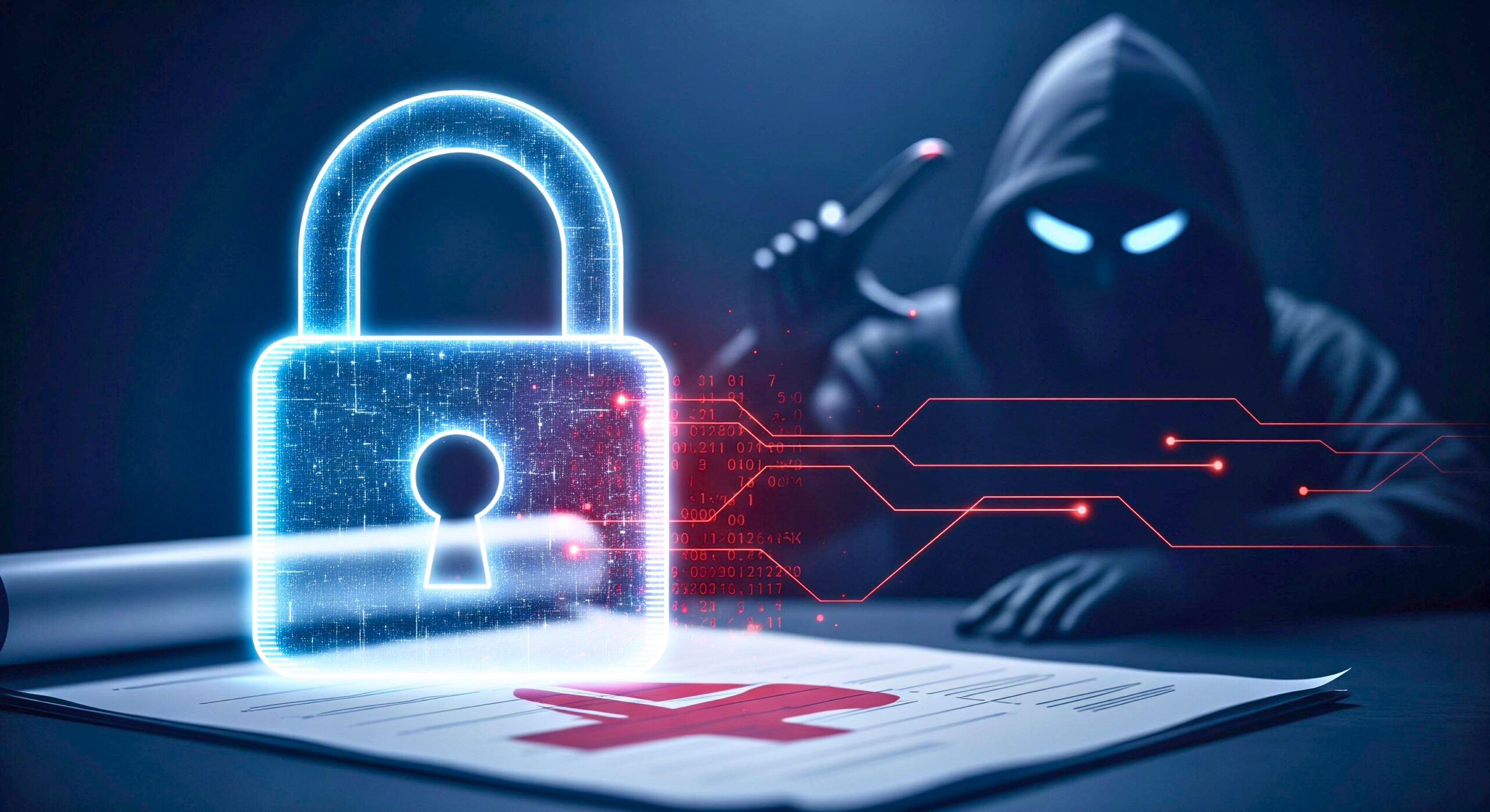 Conceptual image of a digital padlock protecting health data from a shadowy figure.