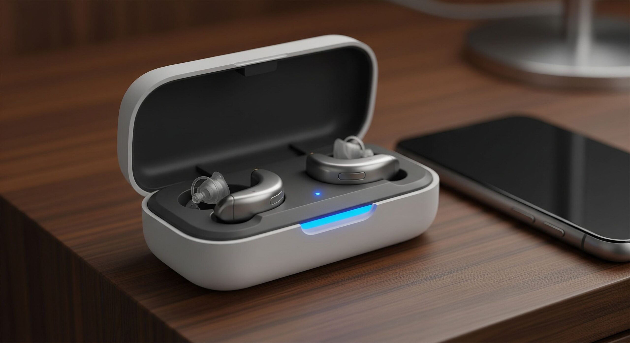 A pair of modern silver rechargeable hearing aids in a sleek white charging case, showing their simplicity and ease of use.