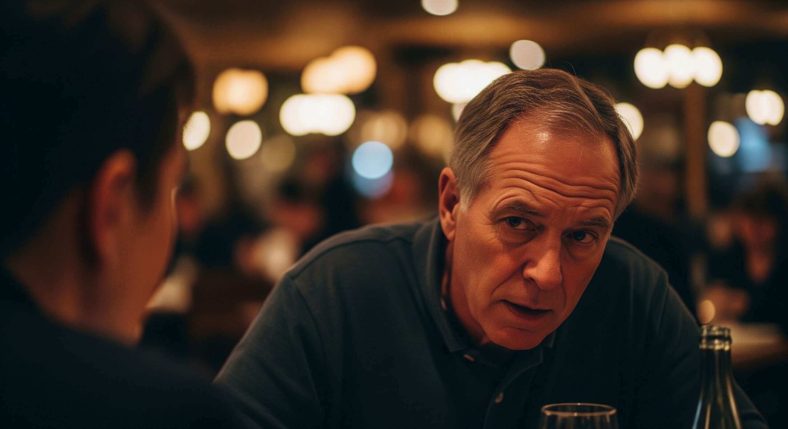 Man in his 60s struggling to hear in a noisy restaurant, illustrating a common problem for people with hearing loss.