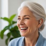 A smiling senior woman with stylish silver hair wearing a modern, discrete invisible hearing aid in her right ear.