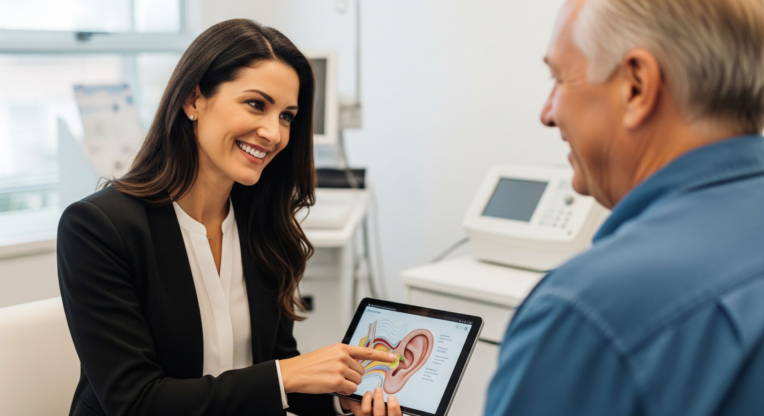 A friendly audiologist in a modern clinic consults with an older male patient about hearing solutions, showing a positive first step.