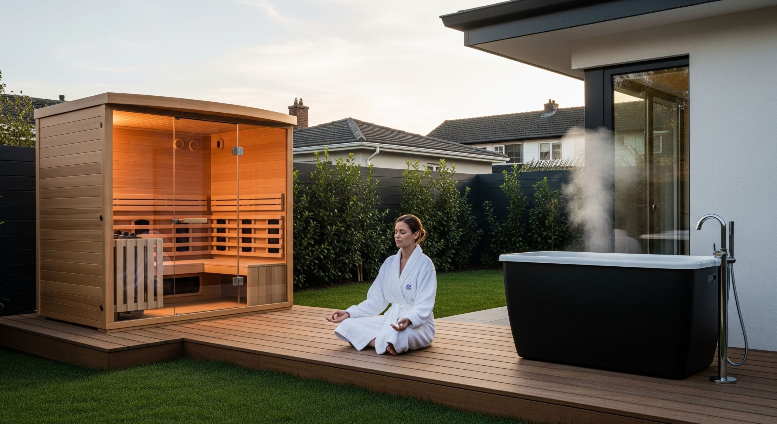 A modern wellness setup for contrast therapy, combining a sauna with a cold plunge tub.