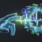 An abstract image of a digital hand interacting with a glowing cloud of health data icons, representing wearable privacy risks.