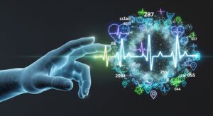 An abstract image of a digital hand interacting with a glowing cloud of health data icons, representing wearable privacy risks.