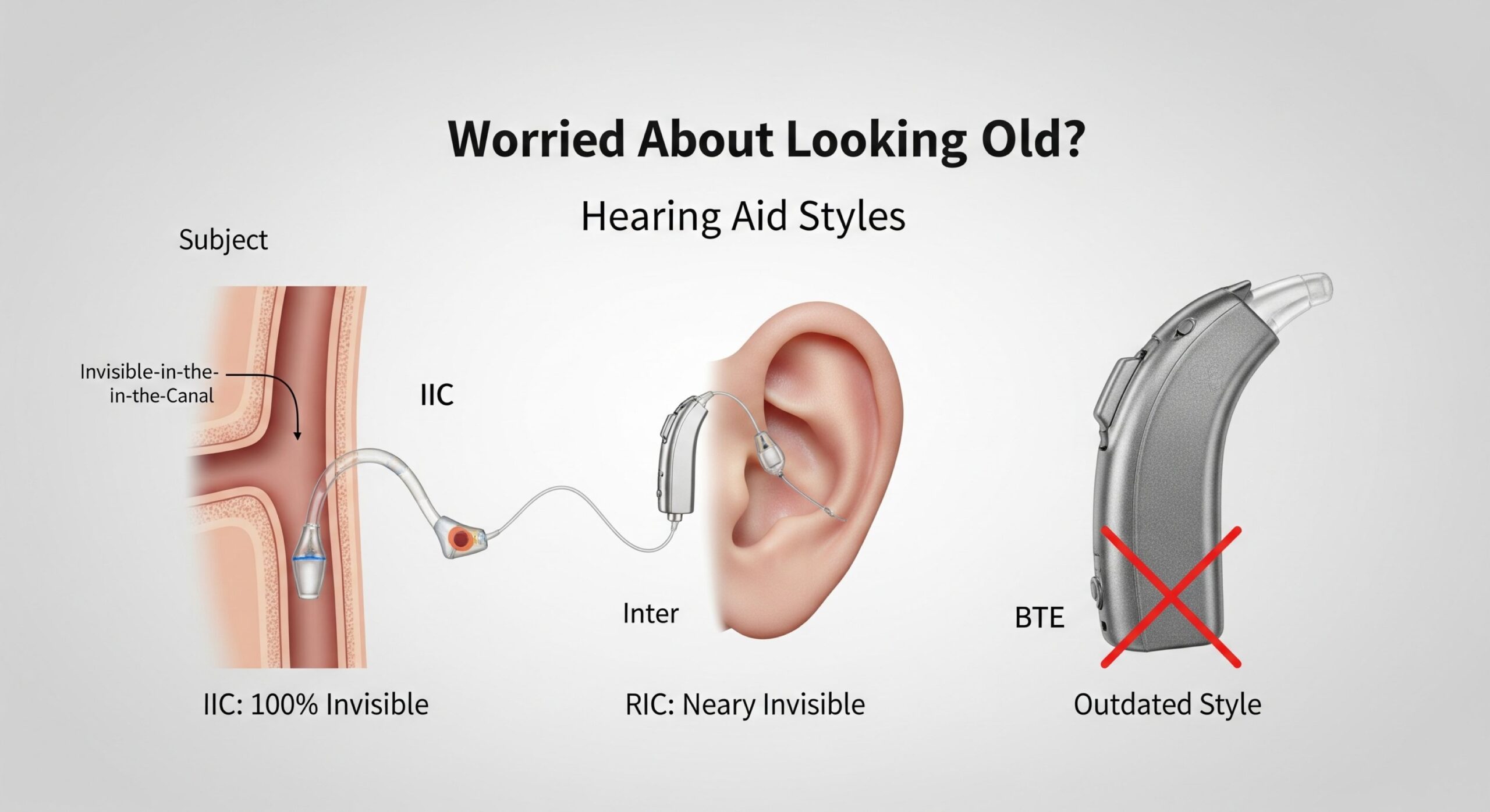 Infographic comparing modern invisible hearing aids like IIC and RIC to outdated bulky styles.