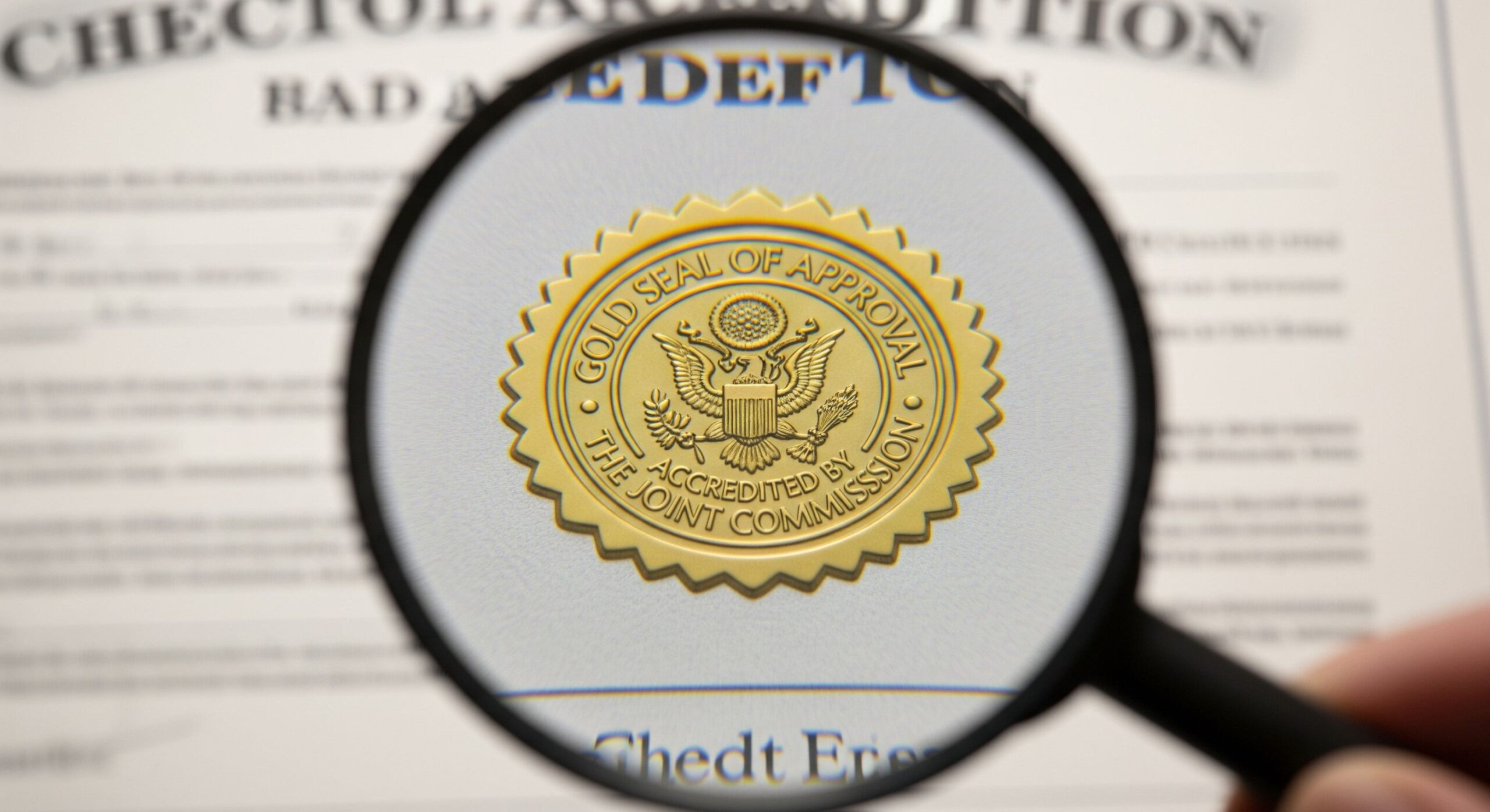 A magnifying glass over a certificate, symbolizing the verification step in choosing a US rehab center.