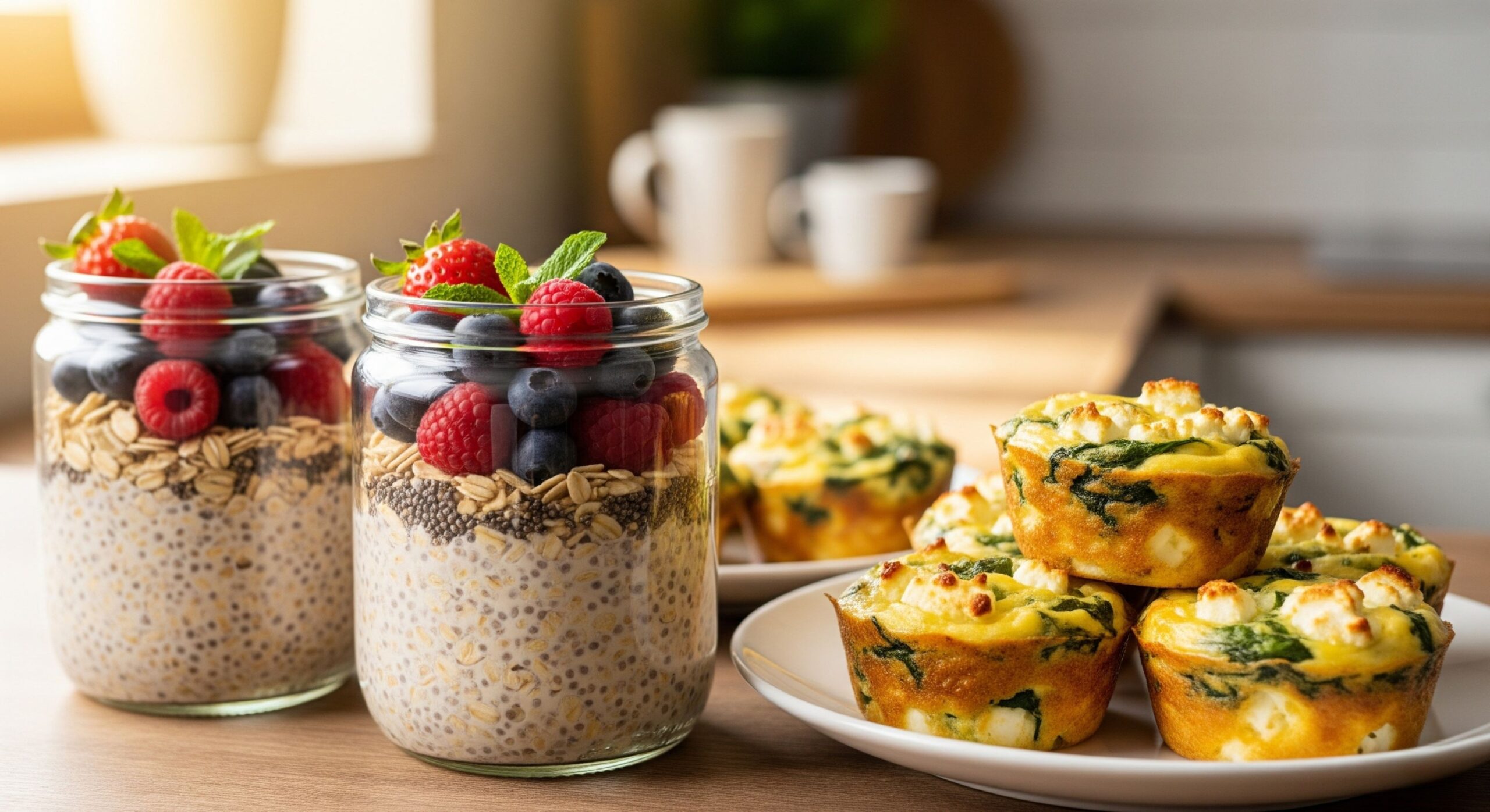 A close-up of beautifully prepped breakfasts, like overnight oats in jars and colorful egg muffins.