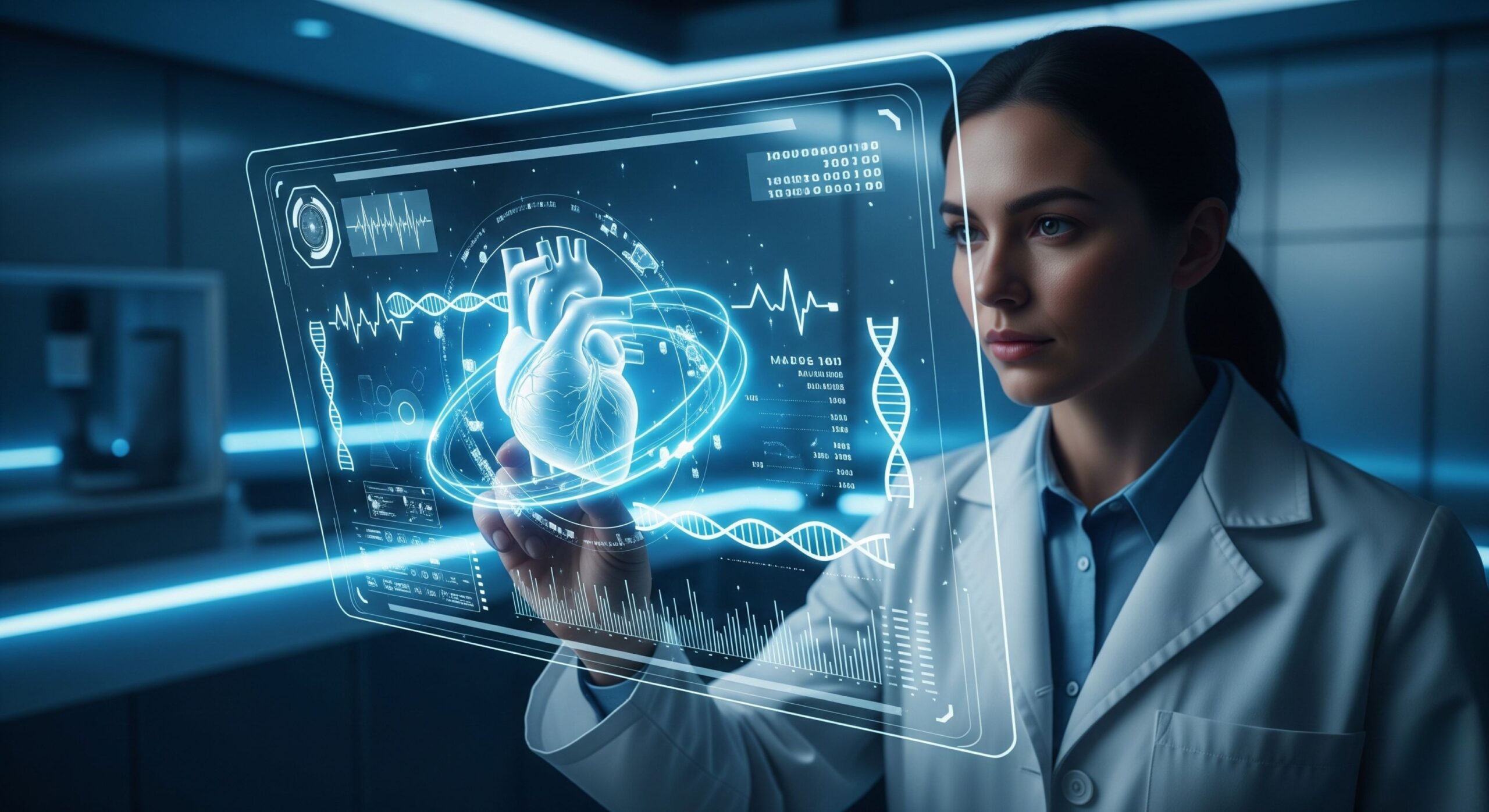 Futuristic concept of AI in medicine, showing a doctor analyzing a holographic heart with data overlays.